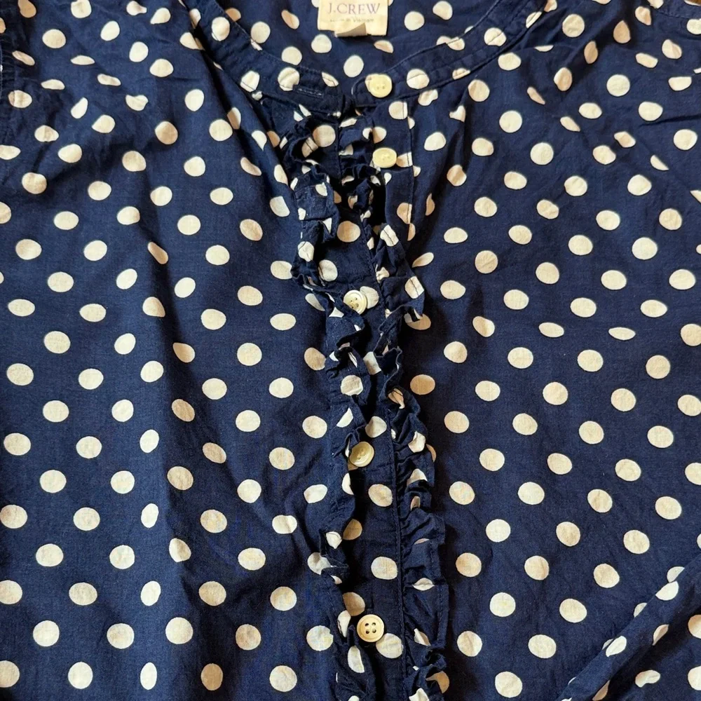 J. Crew Blue Polka Dot Blouse with Ruffle Detail Size Small C2-010